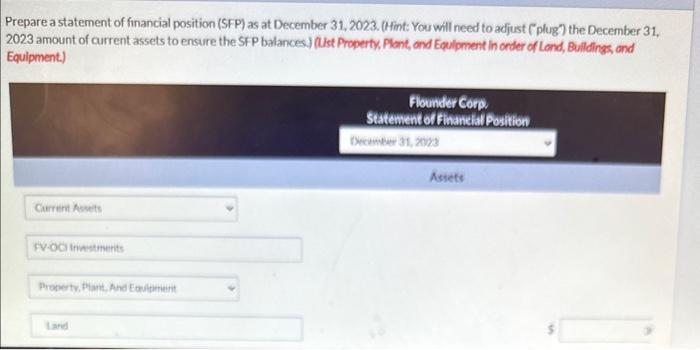 Prepare a statement of financial position (SFP) as at December 31, 2023. (Hint: You will need to adjust (plug) the December