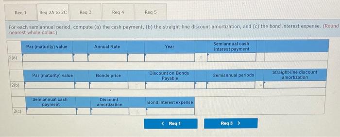 Req 2A to 2C Req 4 For each semiannual period, compute (a) the cash payment, (b) the straight-line discount