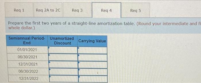 Req 1 Req 2A to 20 Req 3 Semiannual Period- Unamortized Discount End 01/01/2021 Prepare the first two years