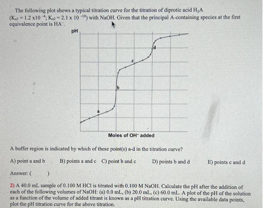 The following plot shows a typical titration curve for the titration of diprotic acid HA (Kal = 1.2 x10;