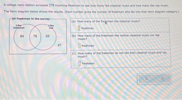 A college radio station surveyed 278 incoming freshmen to see how many like classical music and how many like