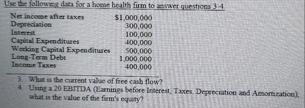 A Use the following data for a home health firm to answer questions 3-4 Net income after taxes Depreciation