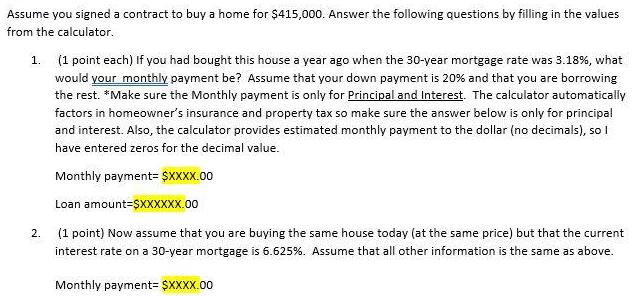 Assume you signed a contract to buy a home for $415,000. Answer the following questions by filling in the
