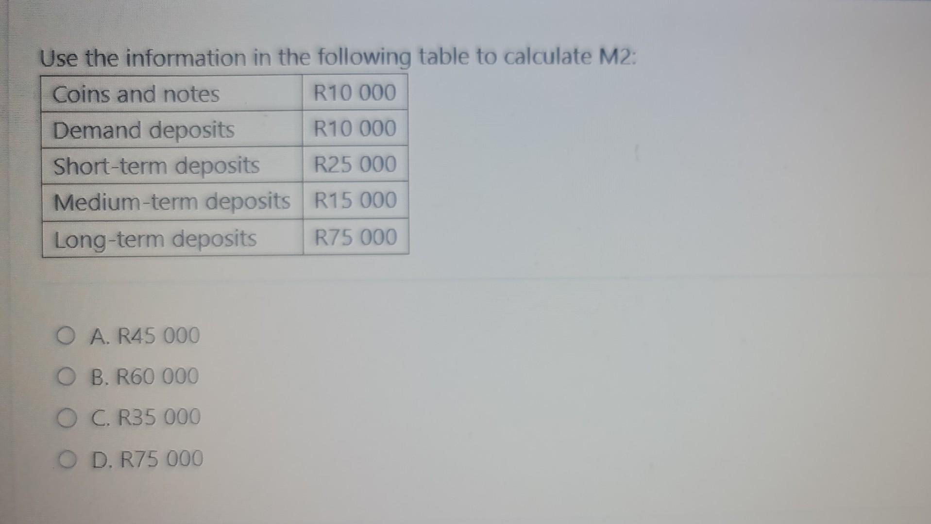 Use the information in the following table to calculate M2: A. R45 000 B. R60 000 C. R35 000 D. R75 000