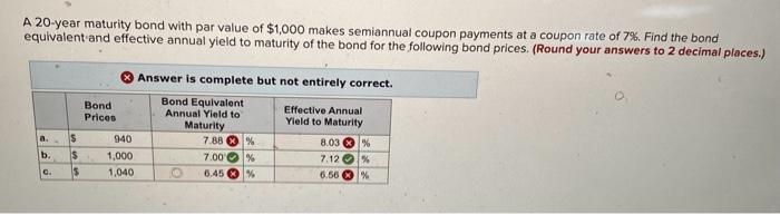 A 20-year maturity bond with par value of ( $ 1,000 ) makes semiannual coupon payments at a coupon rate of ( 7 % ). Fin