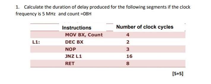 1. Calculate the duration of delay produced for the following segments if the clock frequency is ( 5 mathrm{MHz} ) and cou