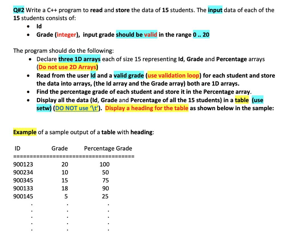 Q#2 Write a C++ program to read and store the data of 15 students. The input data of each of the 15 students consists of: -