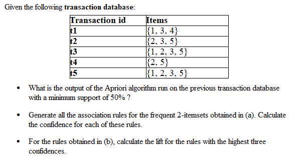 Given the following transaction database: - What is the output of the Apriori algorithm run on the previous transaction datab