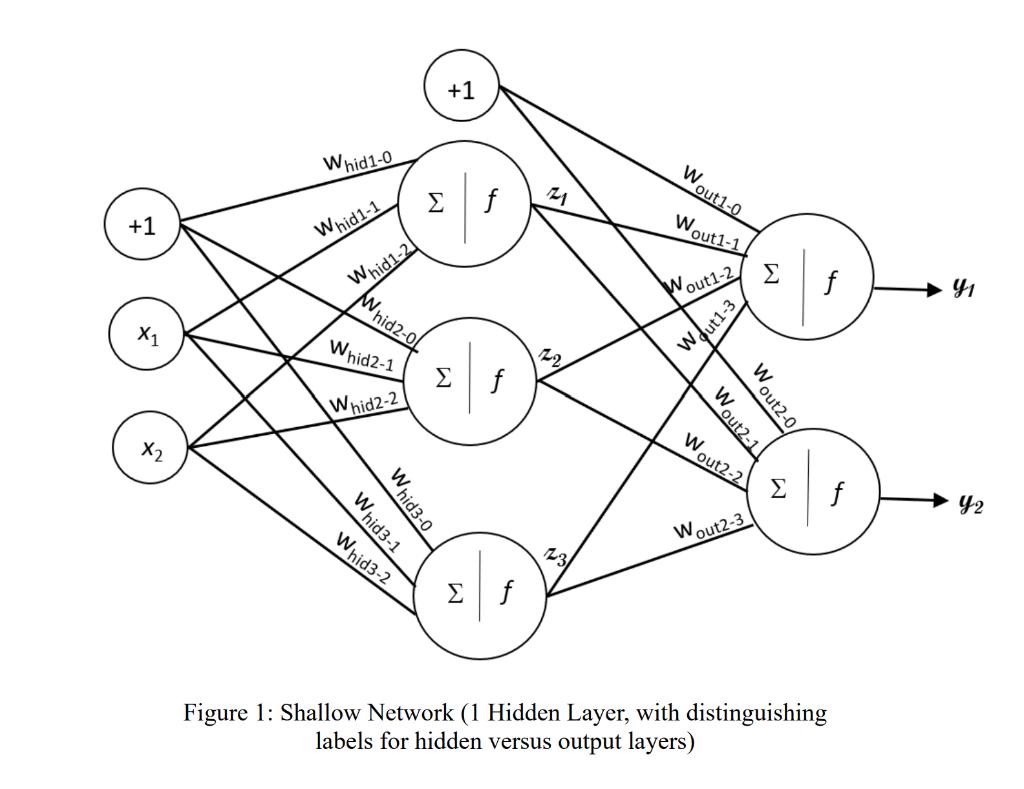 Figure 1: Shallow Network (1 Hidden Layer, with distinguishing labels for hidden versus output layers)