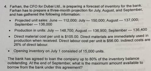 4. Farhan, the CFO for Dubai Ltd., is preparing a forecast of inventory for the bank. Farhan has to prepare a