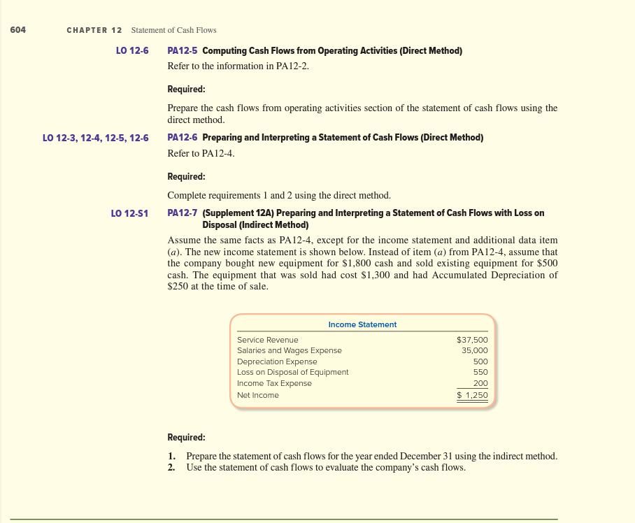 PA12-5 Computing Cash Flows from Operating Activities (Direct Method) Refer to the information in PA12-2. Required: Prepare t