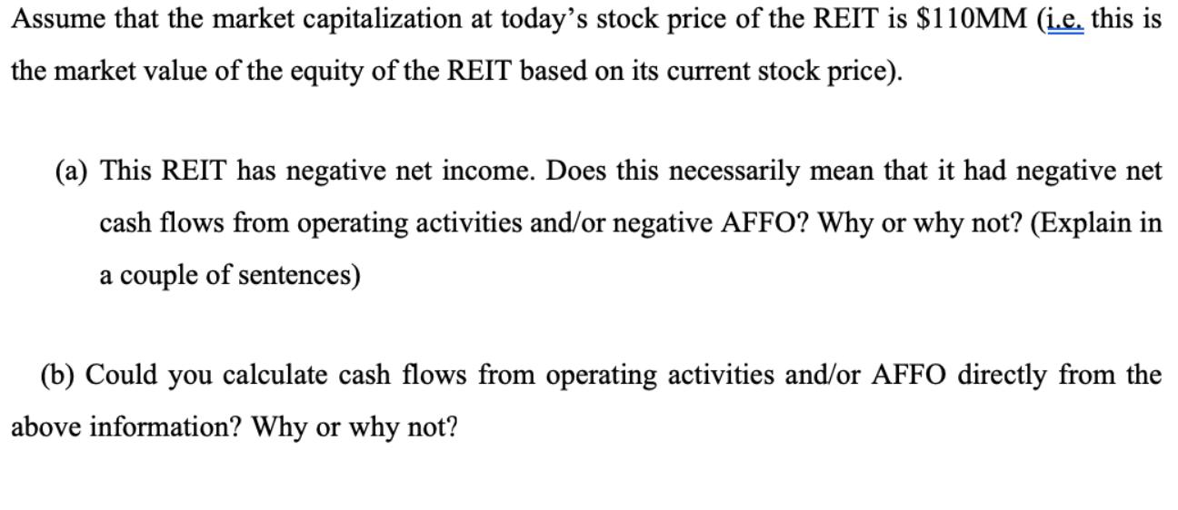 Assume that the market capitalization at today's stock price of the REIT is $110MM (i.e. this is the market
