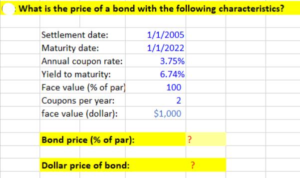 What is the price of a bond with the following characteristics? Settlement date: Maturity date: Annual coupon