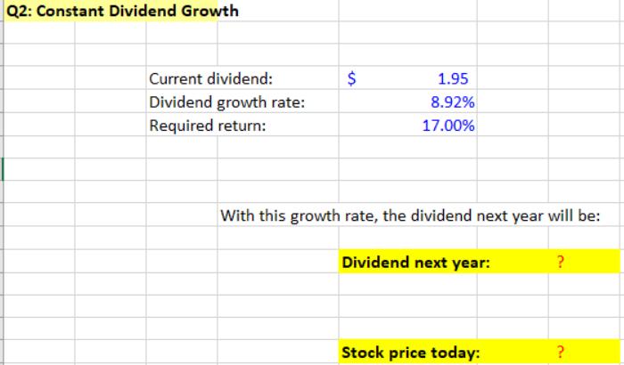 Q2: Constant Dividend Growth Current dividend: Dividend growth rate: Required return: $ 1.95 8.92% 17.00%