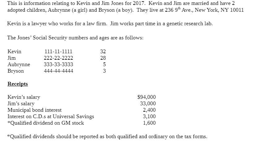 This is information relating to Kevin and Jim Jones for 2017. Kevin and Jim are married and have 2 adopted