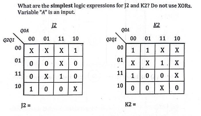 Q2Q1 What are the simplest logic expressions for J2 and K2? Do not use XORs. Variable 