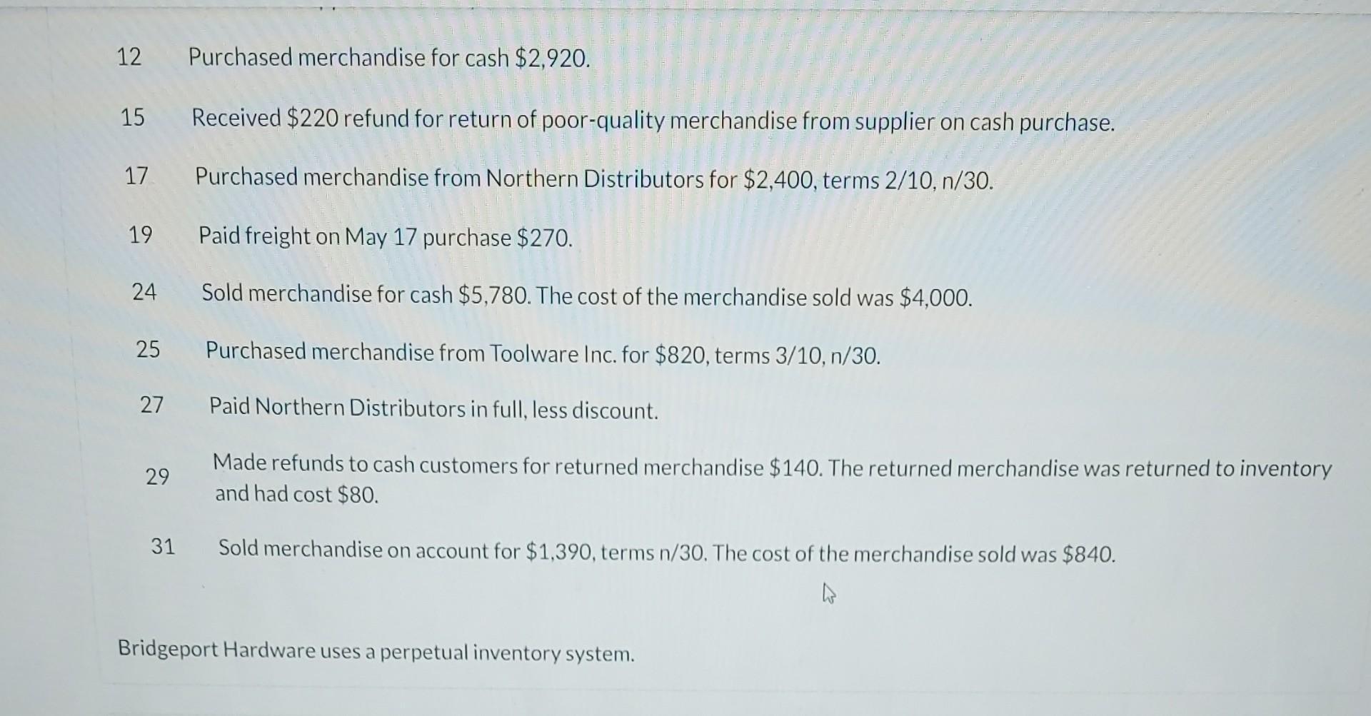 12 Purchased merchandise for cash \( \$ 2,920 \). 15 Received \( \$ 220 \) refund for return of poor-quality merchandise from