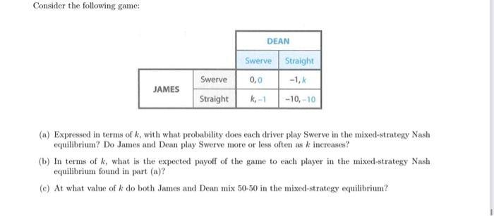 Consider the following game: (a) Expressed in terms of ( k ), with what probability does each driver play Swerve in the mix