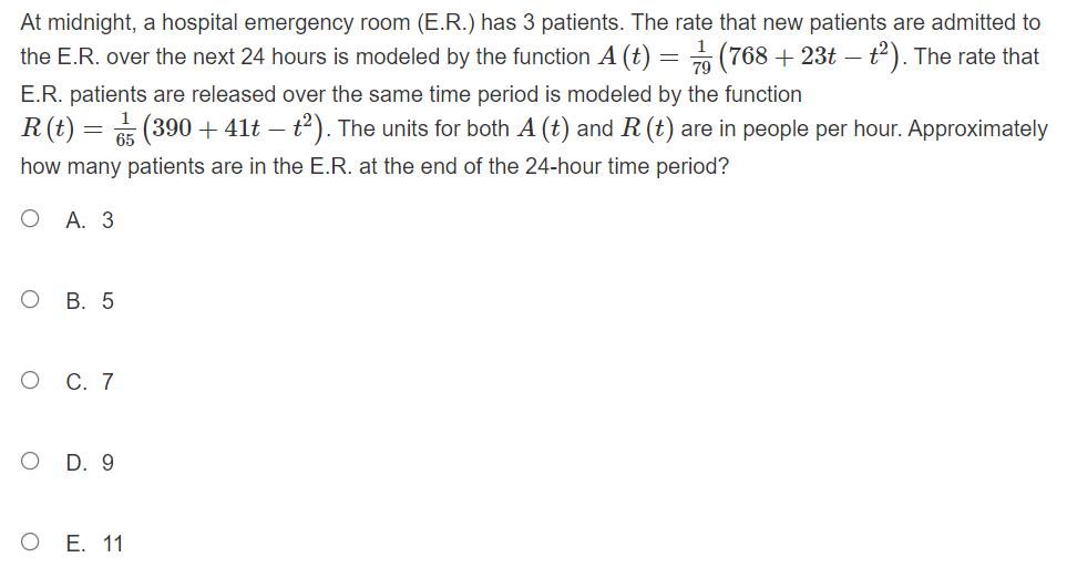 At midnight, a hospital emergency room (E.R.) has 3 patients. The rate that new patients are admitted to the E.R. over the ne