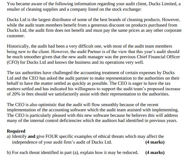 You became aware of the following information regarding your audit client, Ducks Limited, a retailer of