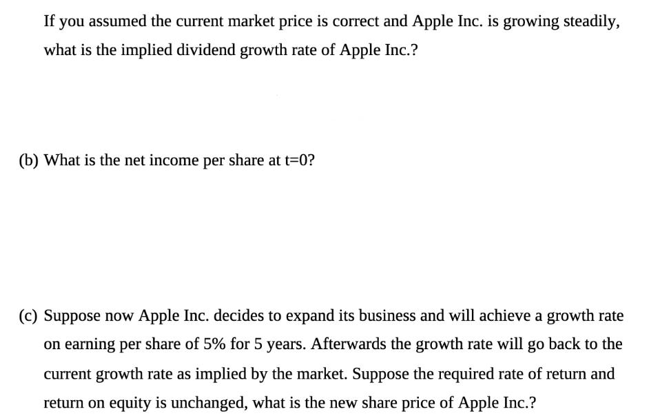 If you assumed the current market price is correct and Apple Inc. is growing steadily, what is the implied