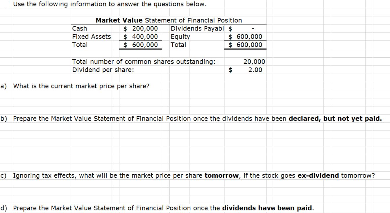 Use the following information to answer the questions below. Market Value Statement of Financial Position $