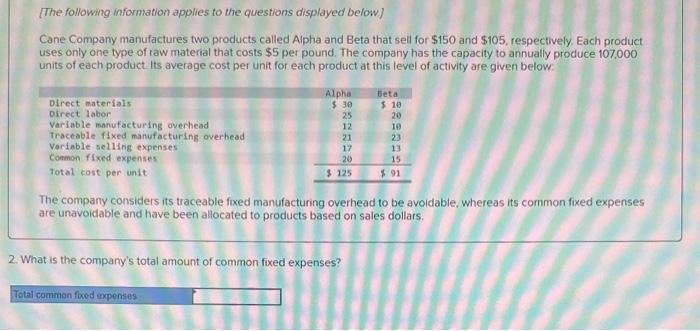 [The following information applies to the questions displayed below] Cane Company manufactures two products
