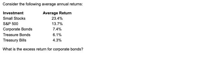 Consider the following average annual returns: Average Return 23.4% 13.7% Investment Small Stocks S&P 500