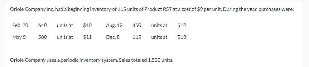 Oriole Company Inc. had a beginning inventory of 115 units of Product RST at a cost of ( $ 9 ) per unit. During the year,