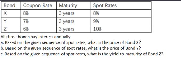 Maturity 3 years 3 years 3 years Bond Coupon Rate X 8% Y 7% Z 6% All three bonds pay interest annually. a.