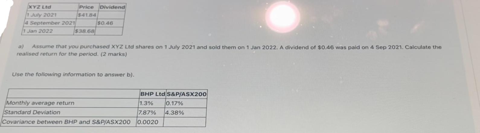 XYZ Ltd 1 July 2021 4 September 2021 1 Jan 2022 Price Dividend $41.84 $38.68 $0.46 Assume that you purchased