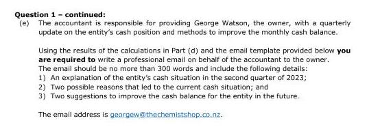 Question 1 - continued: (e) The accountant is responsible for providing George Watson, the owner, with a