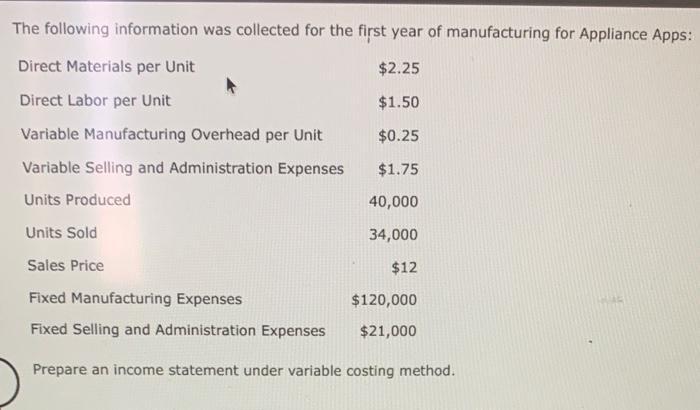 The following information was collected for the first year of manufacturing for Appliance Apps: Prepare an income statement u