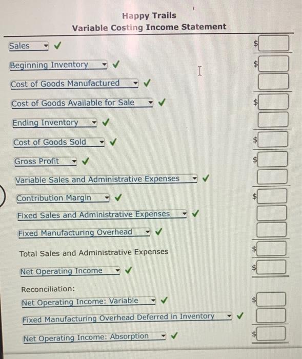 Happy Trails Variable Costing Income Statement Sales ( checkmark ) Beginning Inventory ( checkmark ) Cost of Goods Manu