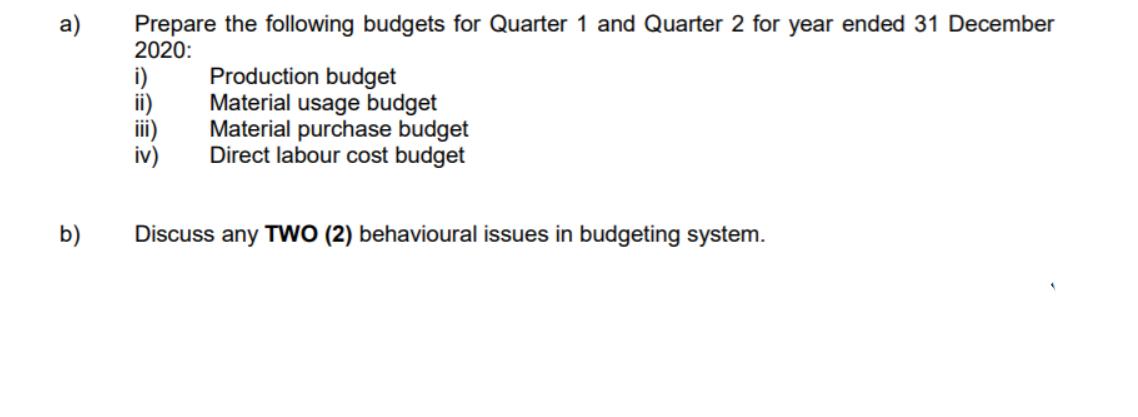 a) b) Prepare the following budgets for Quarter 1 and Quarter 2 for year ended 31 December 2020: i)