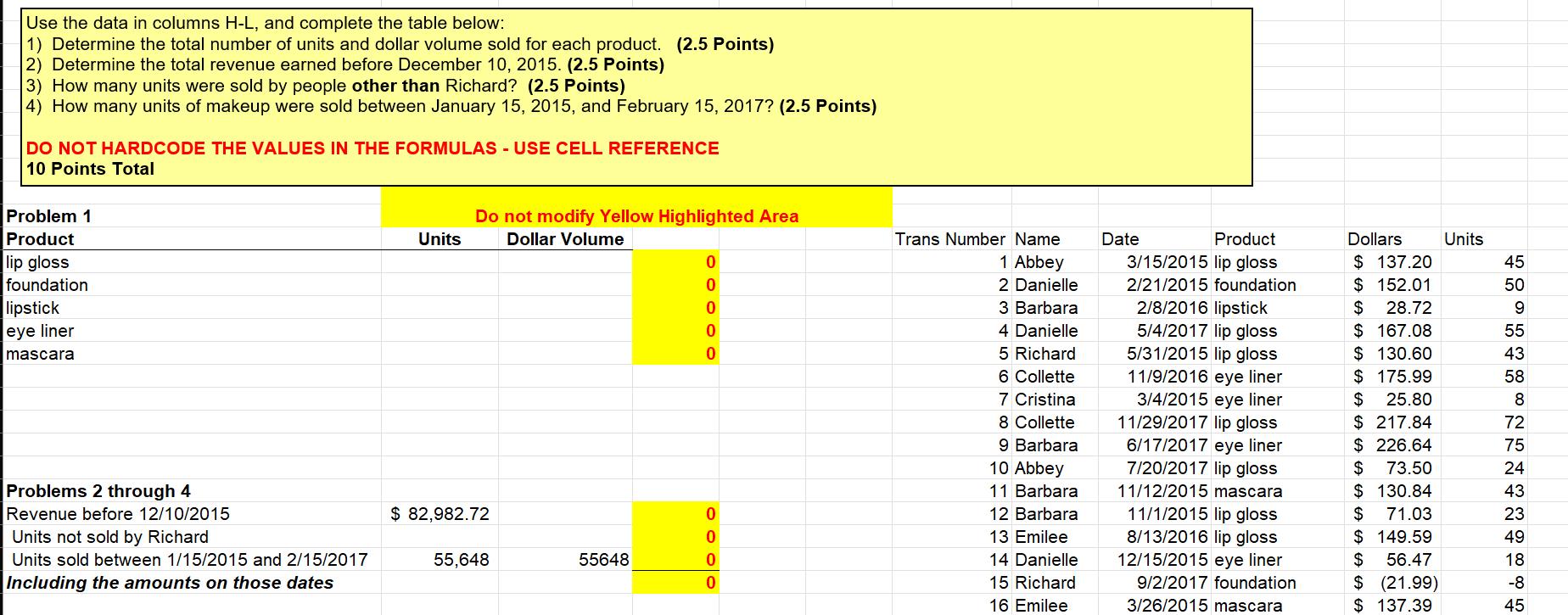 Use the data in columns H-L, and complete the table below: 1) Determine the total number of units and dollar