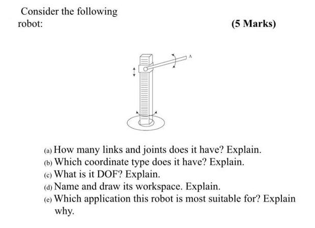 Consider the following robot: (5 Marks) (a) How many links and joints does it have? Explain. (b) Which