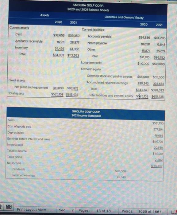 SMOURA GOLF CORP. 2020 and 2021 Balance Sheets [? begin{tabular}{|l|l|l|l|l} hline Print Layout View & Sec 7 & Pages: 13 of