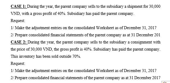 CASE 1: During the year, the parent company sells to the subsidiary a shipment for 30,000 VND, with a gross profit of ( 40 