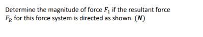 Determine the magnitude of force F, if the resultant force FR for this force system is directed as shown. (N)