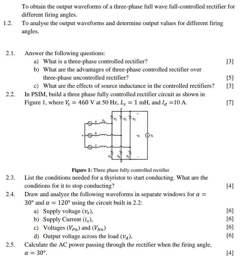 1.2. 2.1. 2.2. 2.3. 2.4. 2.5. To obtain the output waveforms of a three-phase full wave full-controlled