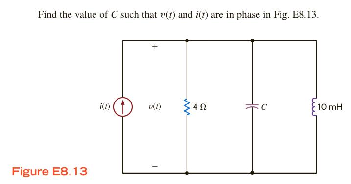 Find the value of C such that v(t) and i(t) are in phase in Fig. E8.13. Figure E8.13 i(t) + v(t) ww 402 C 10