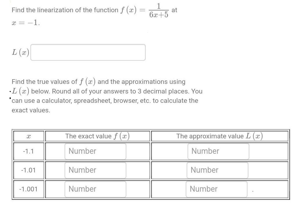 Find the linearization of the function f(x) x = -1. L (x) X Find the true values of f (x) and the