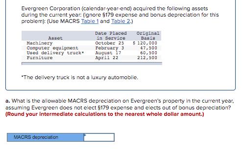 Evergreen Corporation (calendar-year-end) acquired the following assets during the current year: (ignore 179