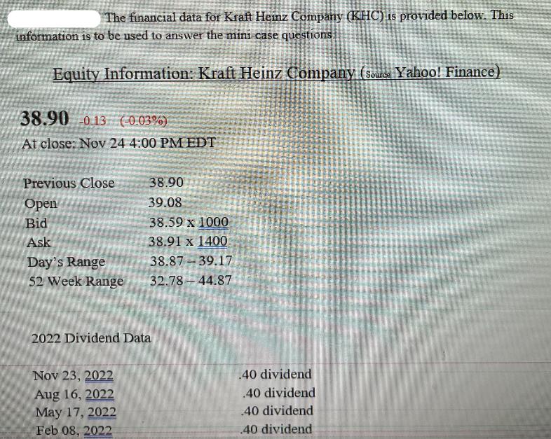 The financial data for Kraft Heinz Company (KHC) is provided below. This information is to be used to answer