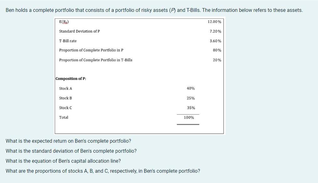 Ben holds a complete portfolio that consists of a portfolio of risky assets (P) and T-Bills. The information