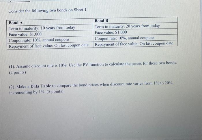 Consider the following two bonds on Sheet 1 . (1). Assume discount rate is ( 10 % ). Use the PV function to calculate the