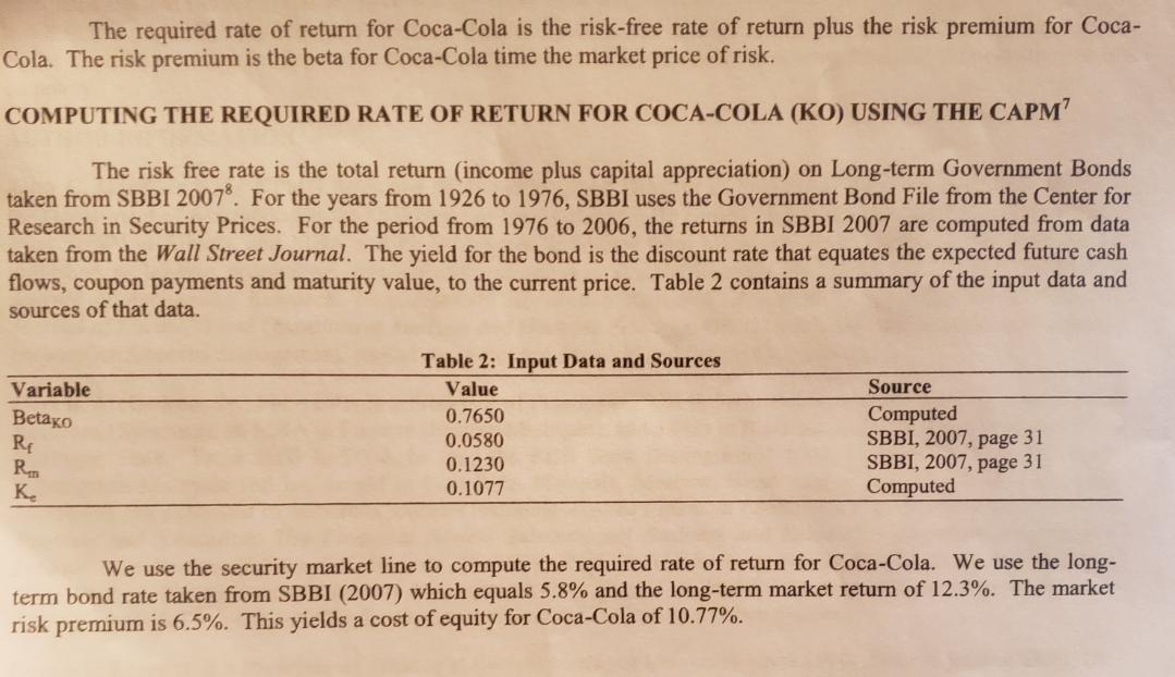The required rate of return for Coca-Cola is the risk-free rate of return plus the risk premium for Coca-