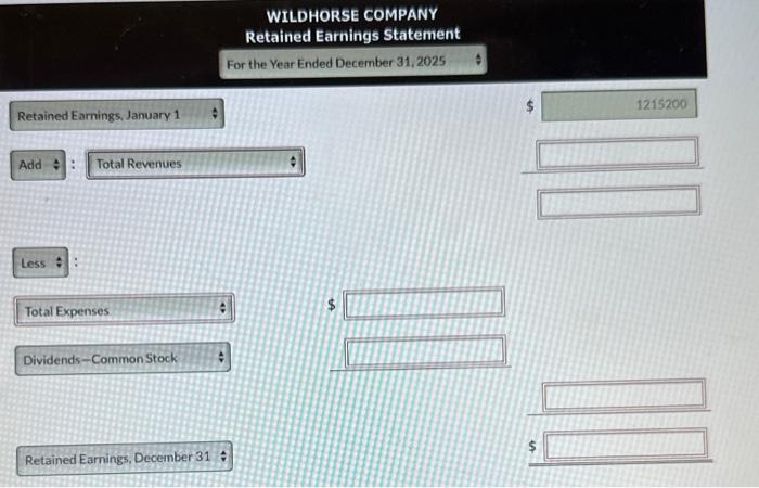 WILDHORSE COMPANY Retained Earnings Statement For the Year Ended December 31,2025 ( $ ) Retained Earnings, January 1 ( $