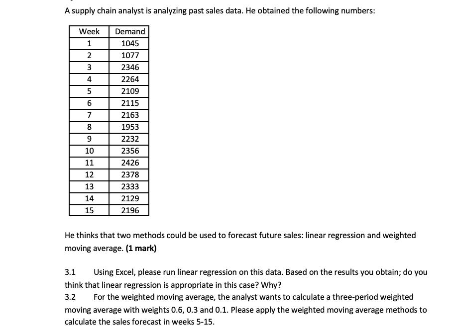 A supply chain analyst is analyzing past sales data. He obtained the following numbers: He thinks that two methods could be u